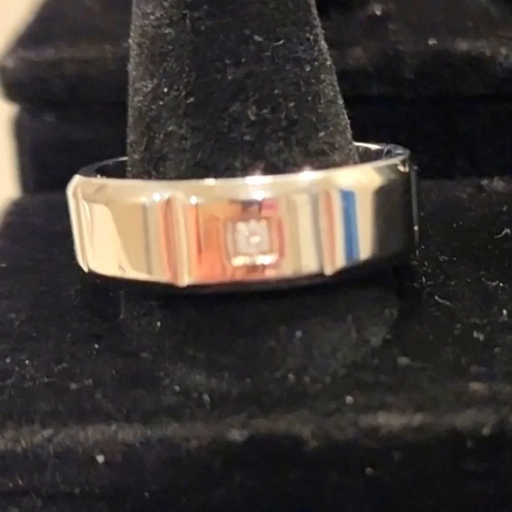 Geoffrey Beene Stainless Steel Beveled Polished Edge CZ Comfort Fit Ring